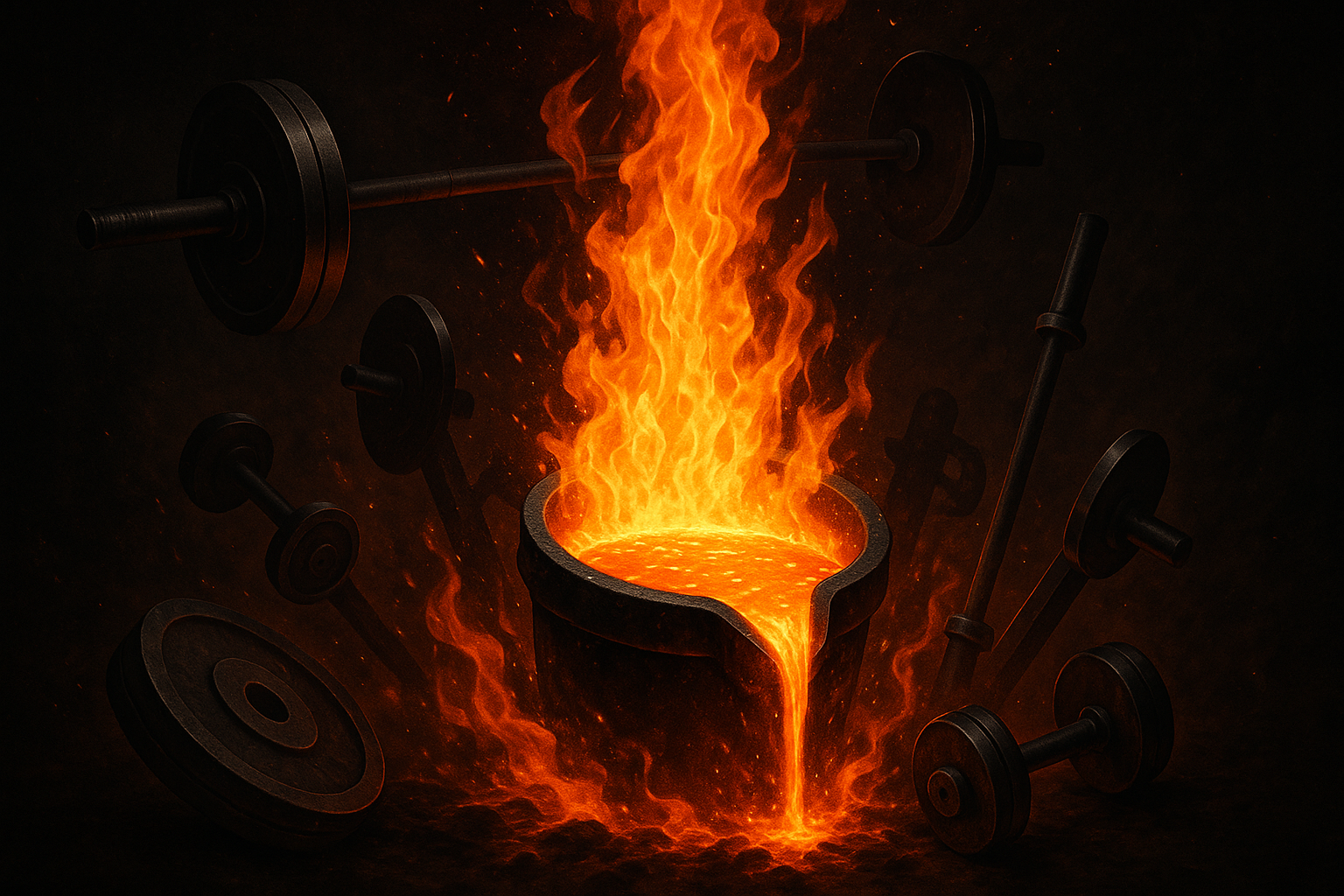 make a background for a business called crucible lifting. Incorporate elements of weightlifting and a crucible with flames